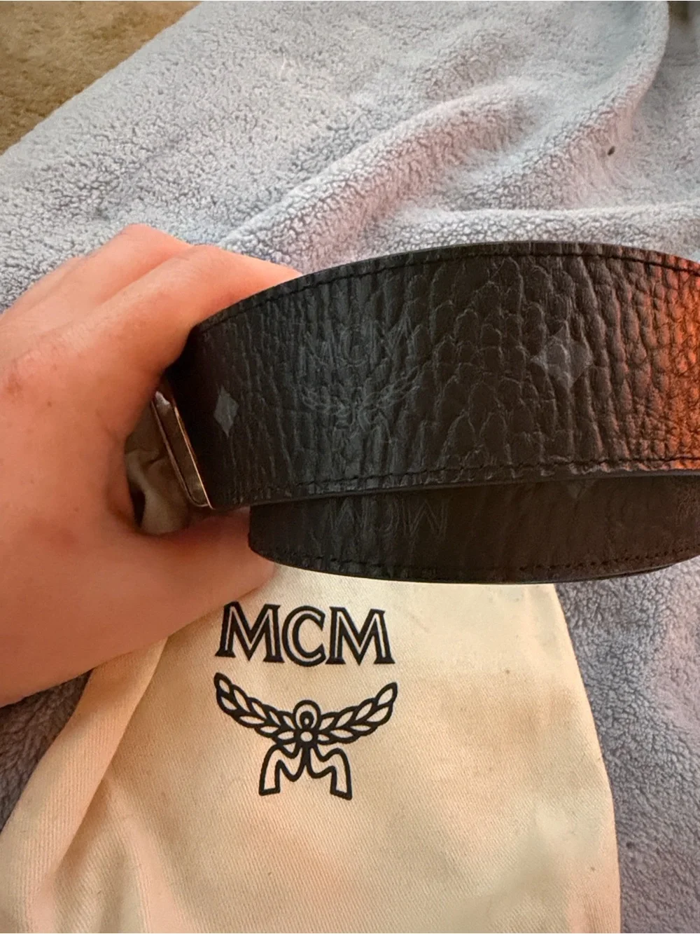 MCM Black Leather Belt with Striped Silver M Buckle